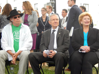 Neil Young, Senator Harry Reid and Senator Debbie Stabenow  at a press conference today on Capitol Hill in Washington, DC last week.